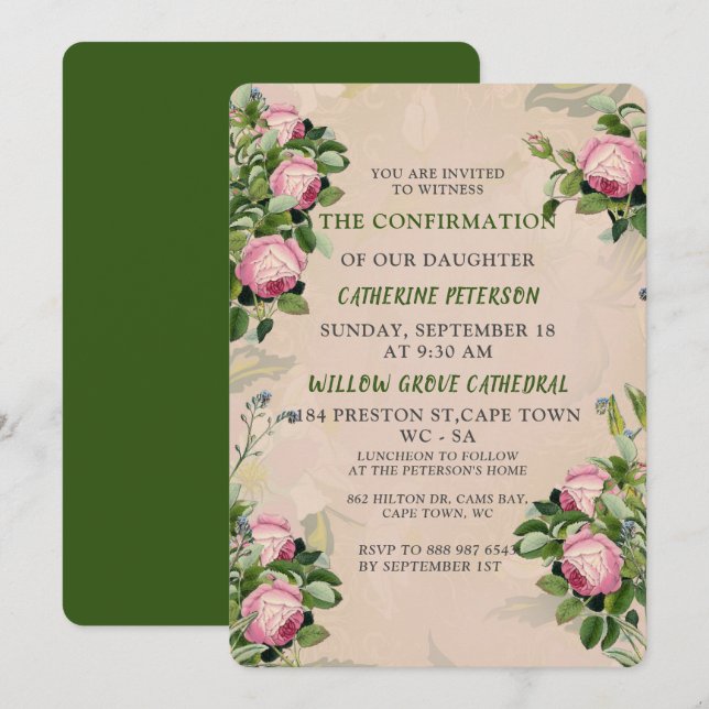 A Victorian Garden Greens, Pink Roses Confirmation Invitation (Front/Back)
