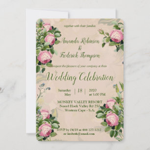 A Victorian Garden Greens with Pink Roses Wedding Invitation