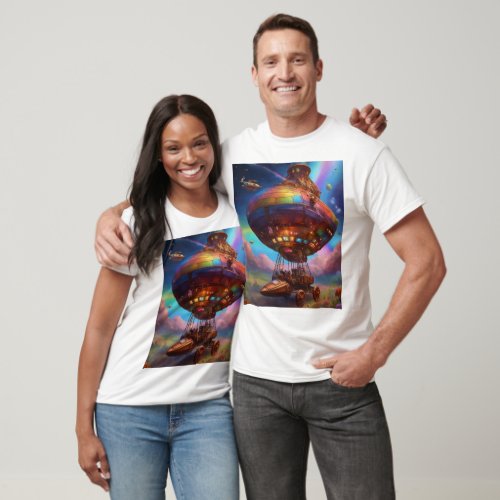 A Victorian Rocket Ship in Rainbow Space T_Shirt