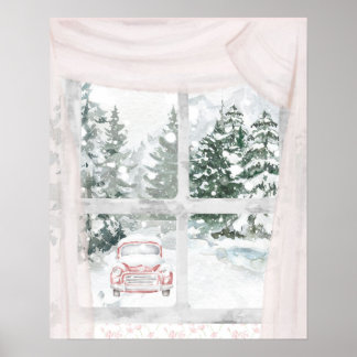 A View of a Snow-Covered Forest Through a Window Poster