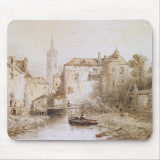 A view of a town with a bell tower mouse pad