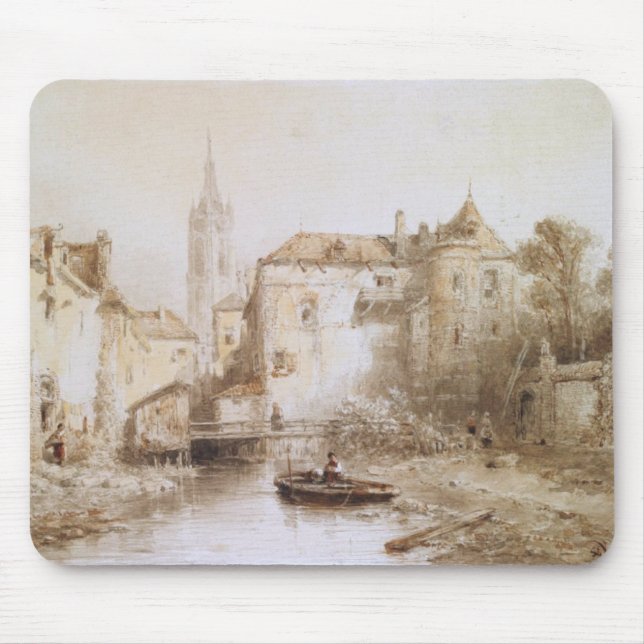 A view of a town with a bell tower mouse pad (Front)