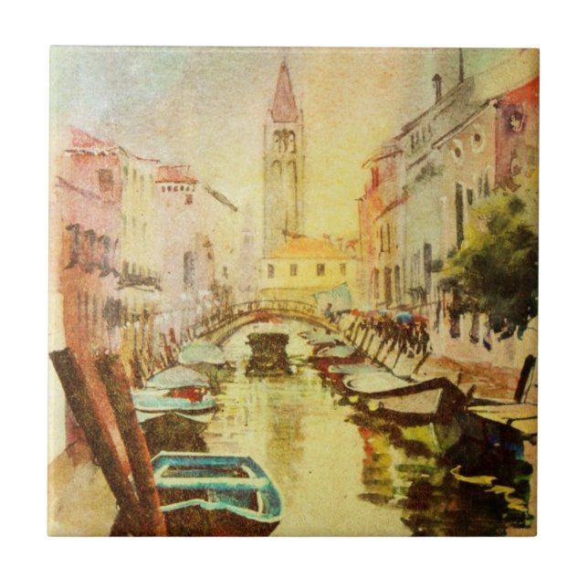 A View Of The Canal With Boats And Buildings Ceramic Tile (Front)