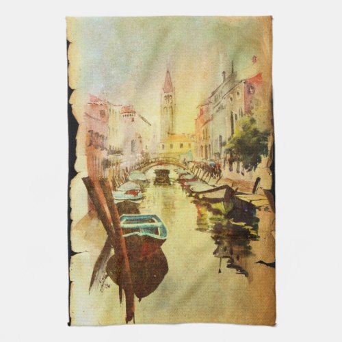 A View Of The Canal With Boats And Buildings Kitchen Towel