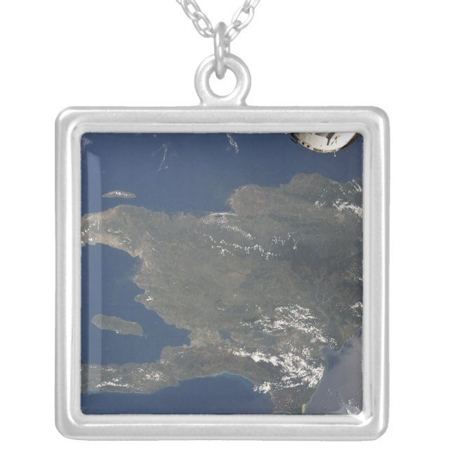 A view of the Caribbean island of Hispaniola Silver Plated Necklace (Front)