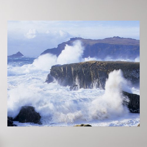 a view of the waves crashing against rocks poster