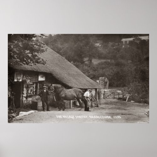 A village blacksmith shoeing a horse poster