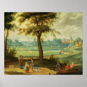 A Village Landscape by a River Poster