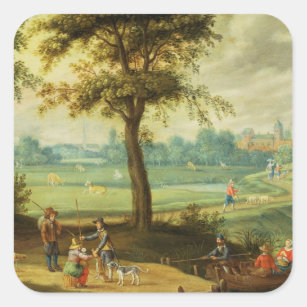 A Village Landscape by a River Square Sticker