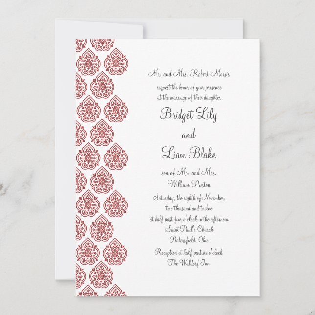 A Vintage Damask Wedding Invitation (red) (Front)