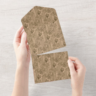 A vintage floral pattern with intricate brown desi all in one invitation