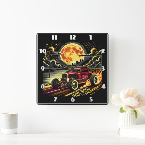 A vintage hot rod racing under the full moonlight square wall clock