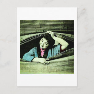 A Vintage Japanese Geisha Peeking Through a Blind Postcard