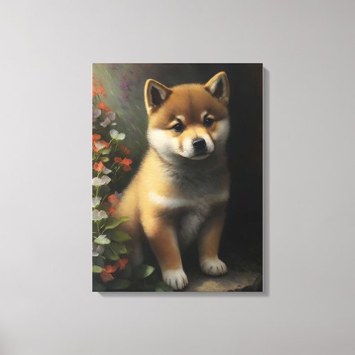 A vintage oil painting of a Shiba Inu puppy Canvas Print