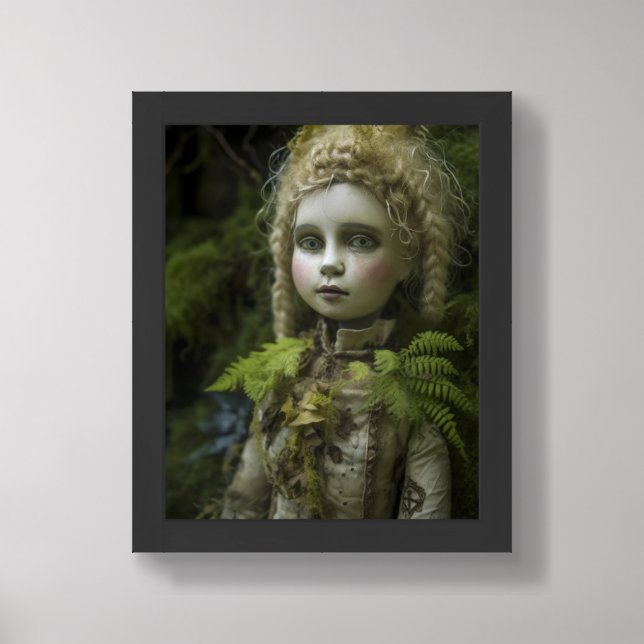 A vintage porcelain doll was lost in the forest  framed art (Framed Front)