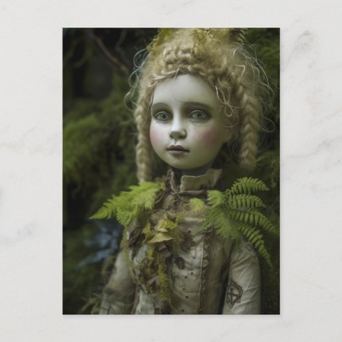 A vintage porcelain doll was lost in the forest  postcard