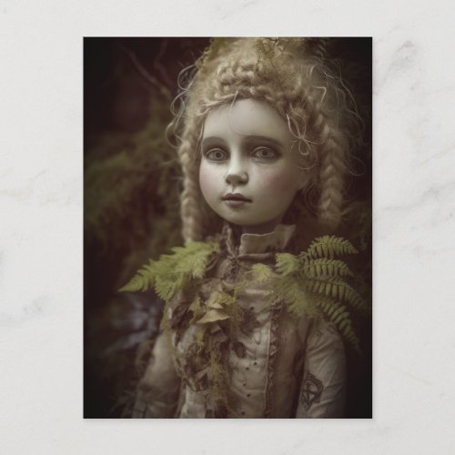 A vintage porcelain doll was lost in the forest  postcard