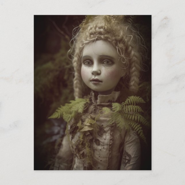 A vintage porcelain doll was lost in the forest  postcard (Front)