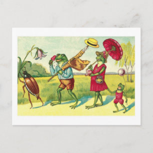 A vintage public domain illustration of frogs with postcard
