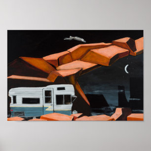 A vintage travel trailer in the desert poster