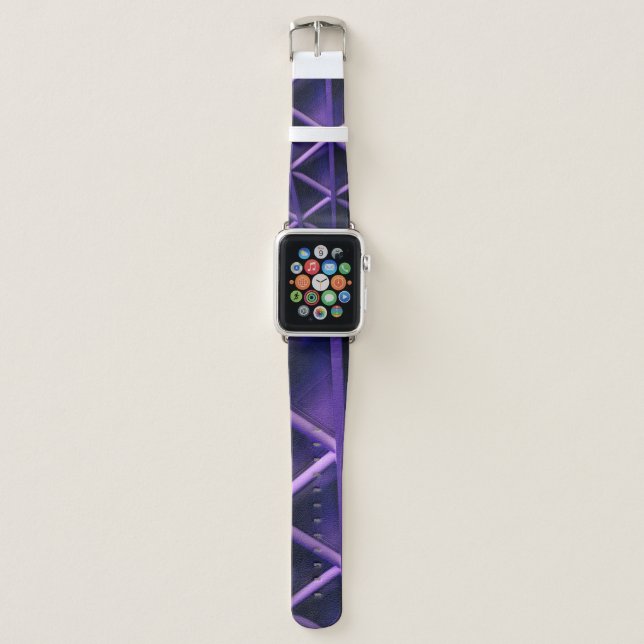 A violet ceiling with a criss-cross pattern; a blu apple watch band (Front)