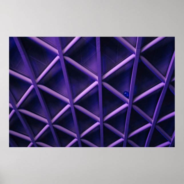A violet ceiling with a criss-cross pattern; a blu poster (Front)