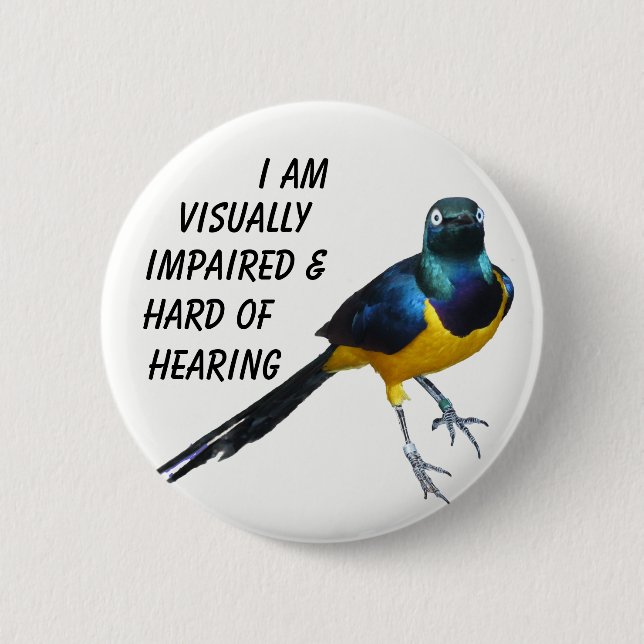 A visually impaired & hard of hearing info badge. pinback button (Front)