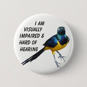 A visually impaired & hard of hearing info badge. pinback button
