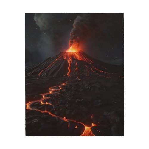 a volcano erupting at night  wood wall art