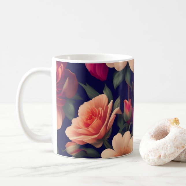 A wallpaper with a floral pattern  coffee mug (With Donut)