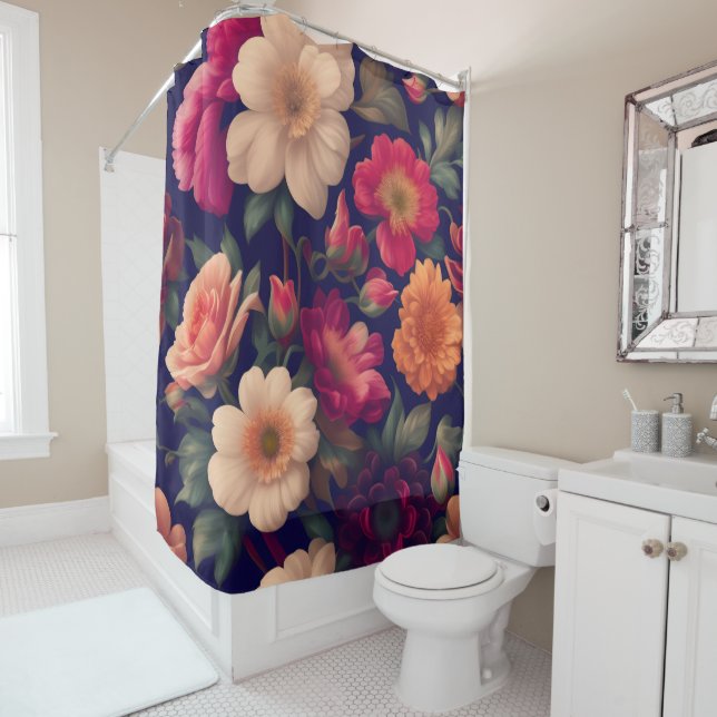 A wallpaper with a floral pattern  shower curtain (In Situ)