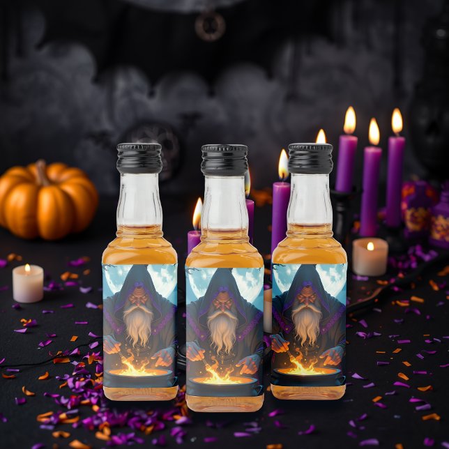 A Warlock Brewing up a Halloween Party Liquor Bottle Label (Creator Uploaded)