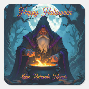 A Warlock Brewing up a Halloween Party Square Sticker