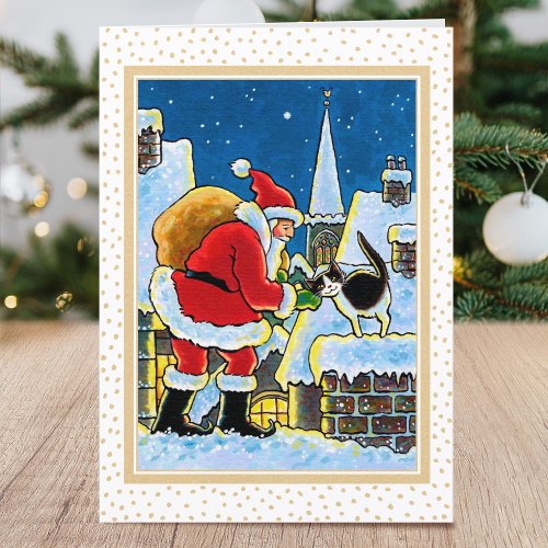 A Warm Welcome Santa Cat Christmas Illustration Holiday Card