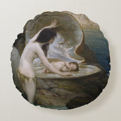 A Water Baby Found in Seashell by Bikini Nymph Round Pillow