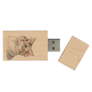 A watercolor American Curl, cat Wood Flash Drive