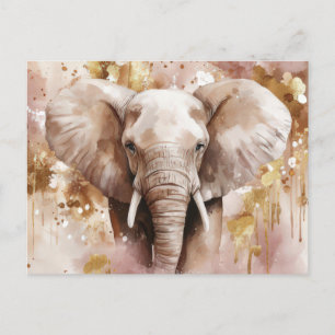 A watercolor illustration of an elephant with gold postcard