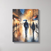 a watercolor of a man and woman walking down