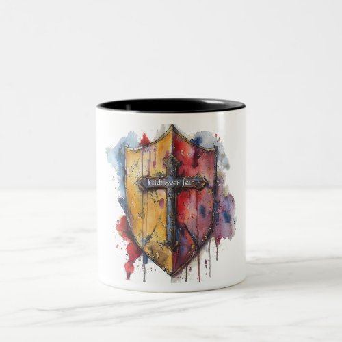 A Watercolor Painting Of A Shield And A Cross Two_Tone Coffee Mug