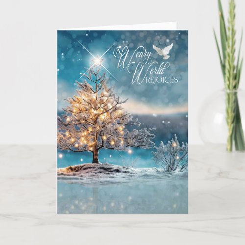 A Weary World Rejoices Winter Christmas Tree Dove Holiday Card