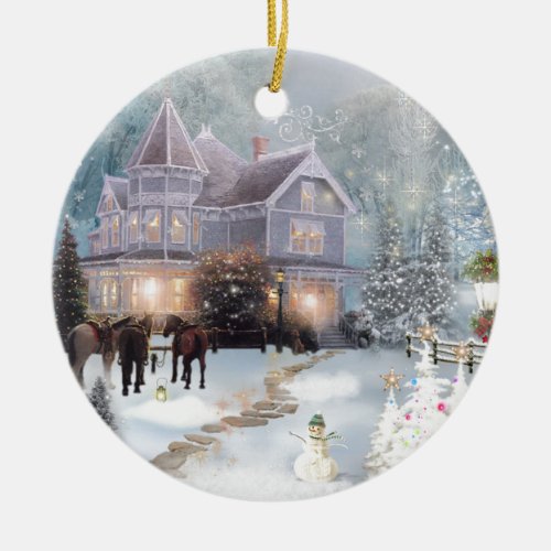 A Western Christmas Cottage Ranch Ceramic Ornament