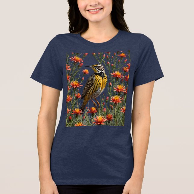 A Western Meadowlark Surrounded By Castilleja lina Tri-Blend Shirt (Front)