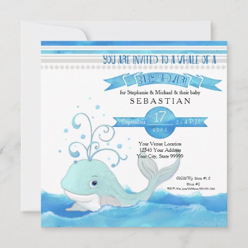 A Whale of a Boy Baby Shower Cute Aqua Blue Grey Invitation