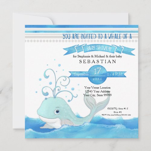 A Whale of a Boy Baby Shower Cute Aqua Blue Grey Invitation