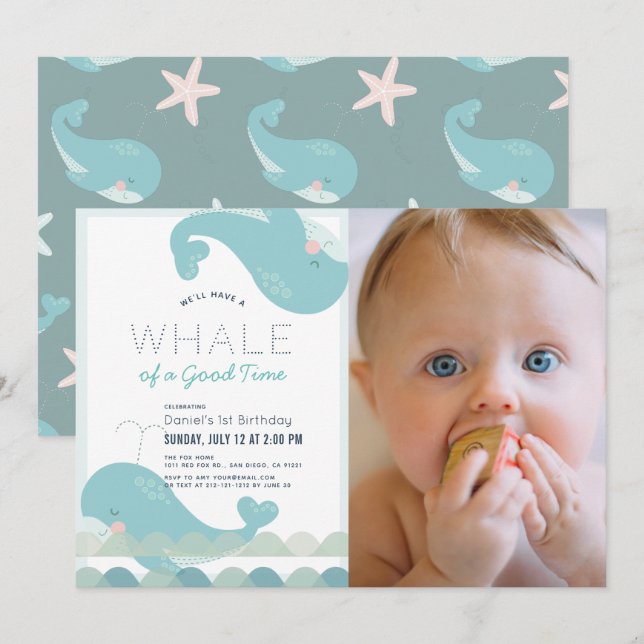 A Whale of a Good Time Blue Boy 1st Birthday Photo Invitation (Front/Back)