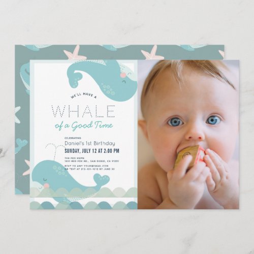 A Whale of a Good Time Blue Boy 1st Birthday Photo Invitation
