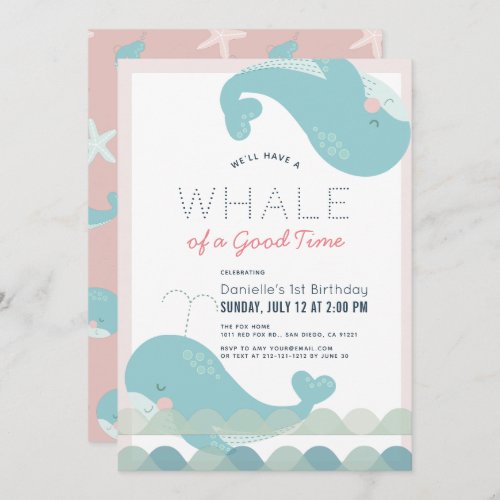 A Whale of a Good Time Pink Girl 1st Birthday Invitation