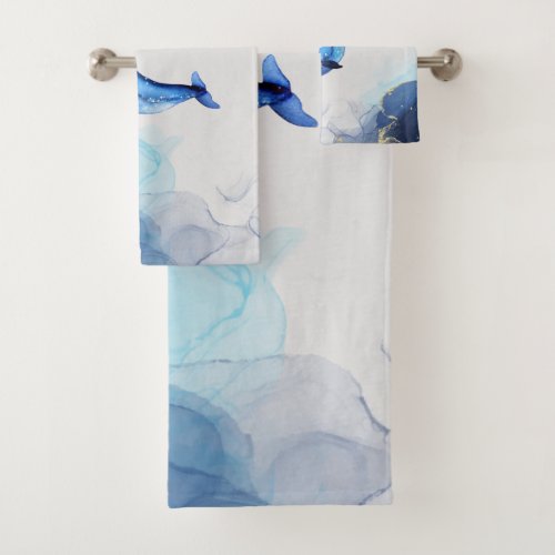 A Whale On Blue Gold Fluid Art In Alcohol Ink Tech Bath Towel Set