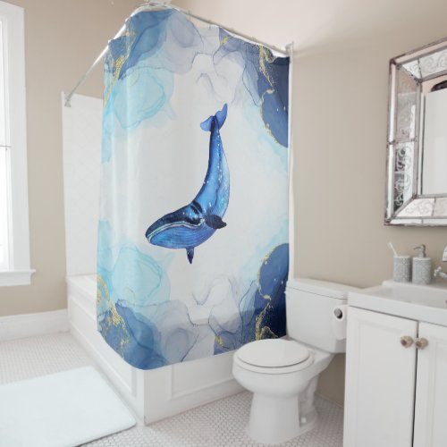 A Whale On Blue Gold Fluid Art In Alcohol Ink Tech Shower Curtain