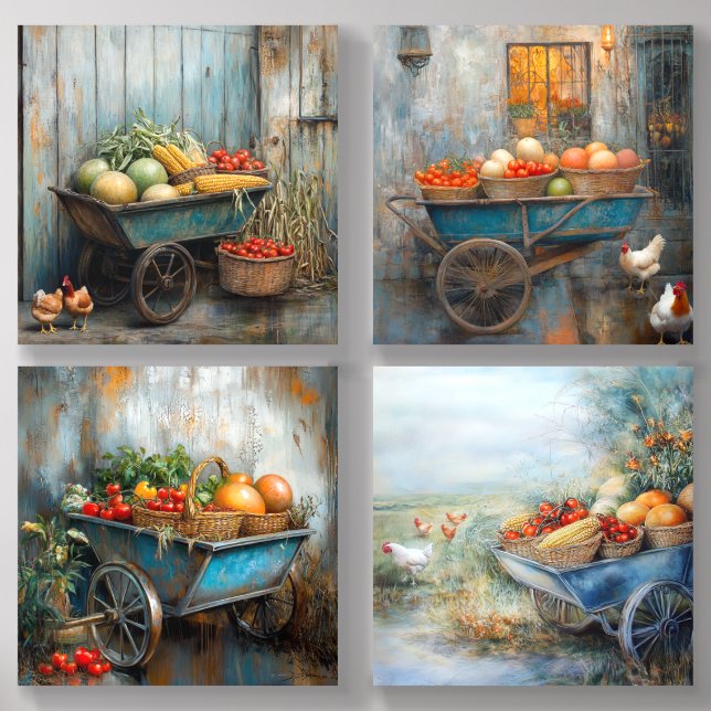 A Wheelbarrow Filled With Corn, Tomatoes in Basket Acrylic Photo Tile (Front Set)